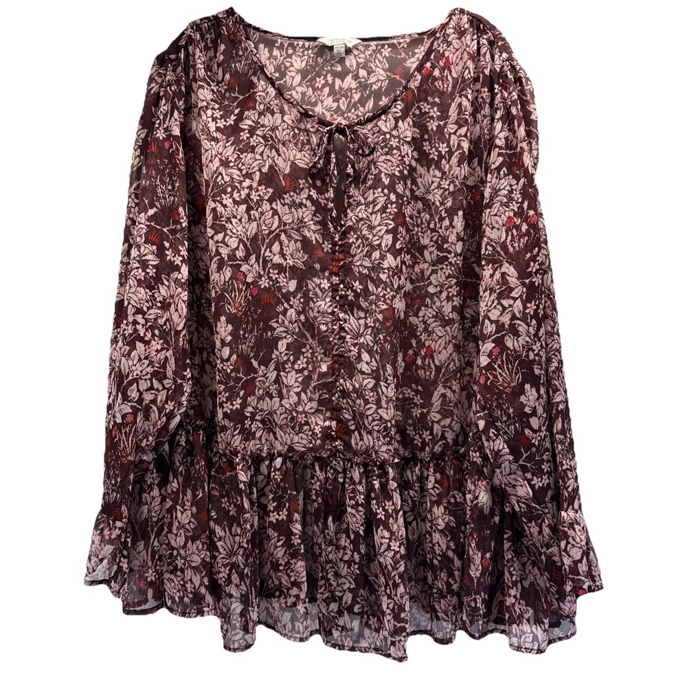 Lucky Brand Women's Bohemian Top Size 2X Plus Floral Tasseled Long Sleeves Sheer